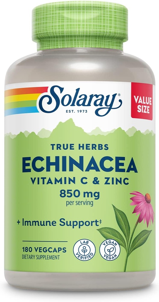 SOLARAY Echinacea Vitamin C & Zinc 850mg Plus Bioflavonoids, Echinacea Κάψουλες για υγιή ανοσοποιητική υποστήριξη, Vegan, Εργαστήριο Επαληθευμένο, 60-Day Εγγύηση επιστροφής χρημάτων, 90 Υπηρεσίες, 180 VegCaps