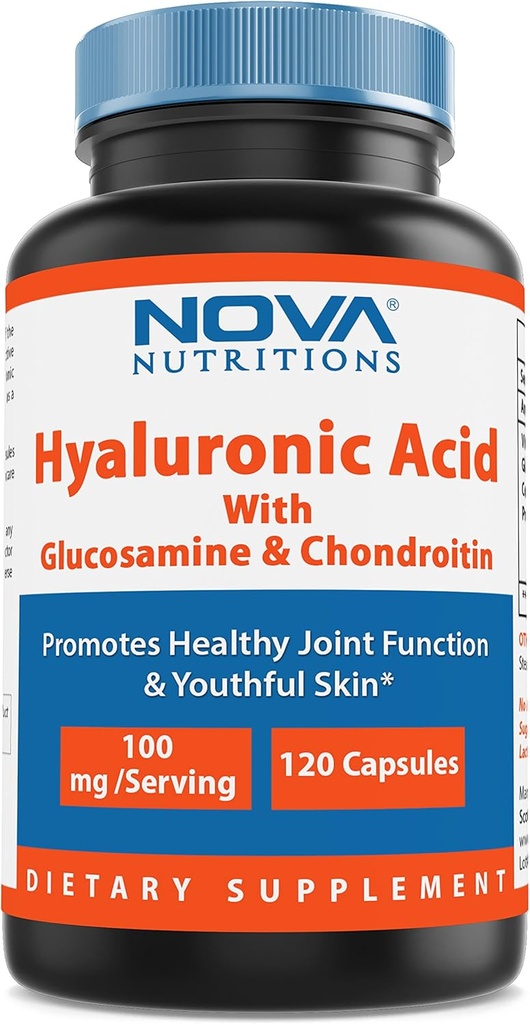 Nova Nutritions Hyaluronic Acid 100mg/serving - Promotes Youthful Skin & Healthy Joint Function 120 Capsules