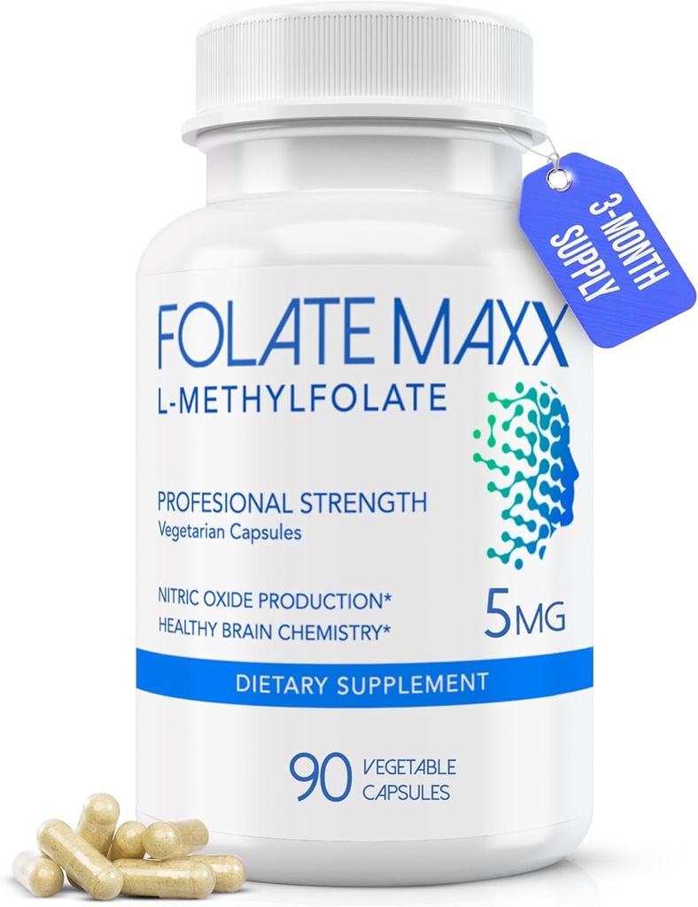 FolateMaxx L-Methylfolate 5mg, 90 κάψουλες – Doctor Formulated methyl folate Supplement for Women & Men – Υψηλή ισχύς 5-MTHF για την ενέργεια, Mood & Focus – Μη-GMO, Χωρίς γλουτένη (3μηνία προσφοράς)