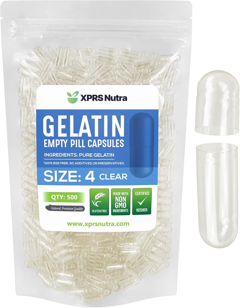 XPRS Nutra Boyutu 4 Boş Kapsüller - 500 Kont Küçük Clear Boş Gelatin Capsules - Pills DIY Capsule - Sağlam Bovine Pill Gel Caps For Do-It- Yourself Supplements
