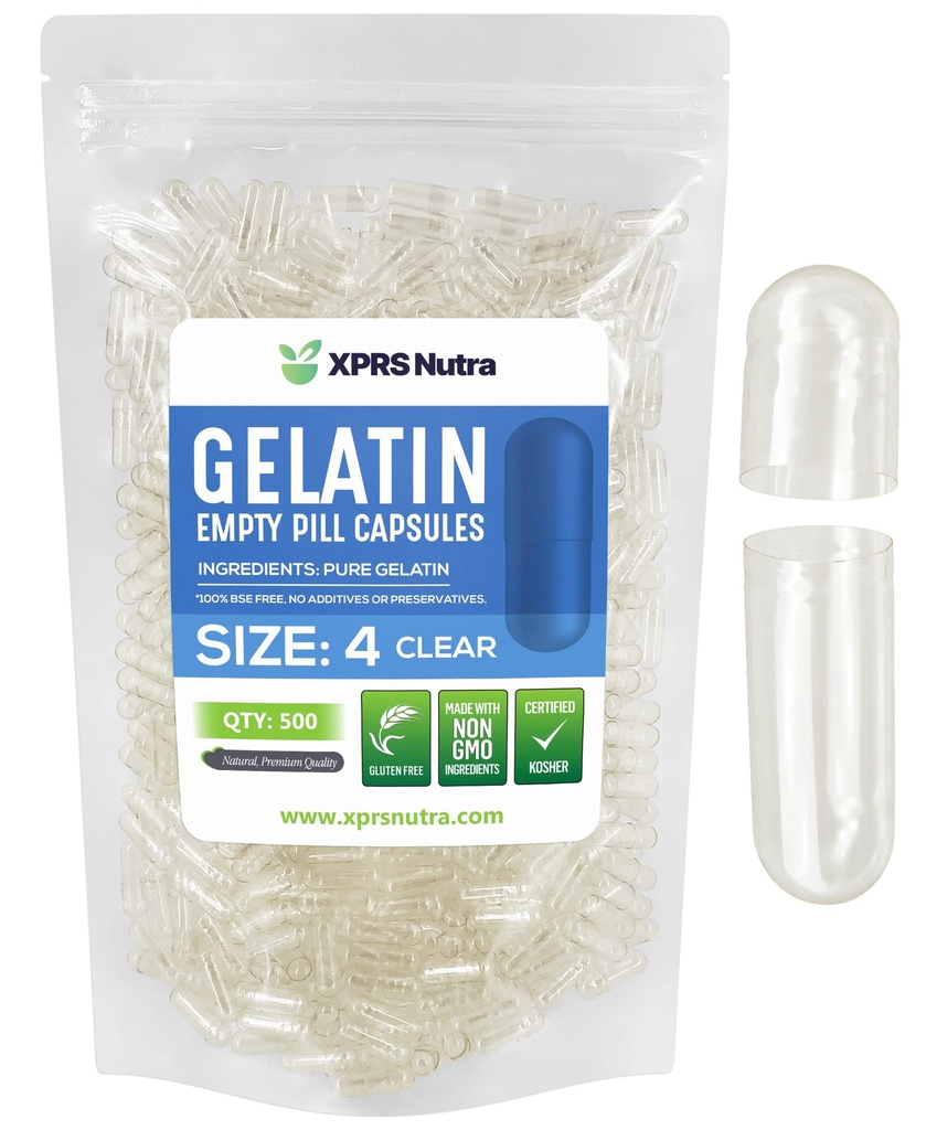 XPRS Nutra Boyutu 4 Boş Kapsüller - 500 Kont Küçük Clear Boş Gelatin Capsules - Pills DIY Capsule - Sağlam Bovine Pill Gel Caps For Do-It- Yourself Supplements