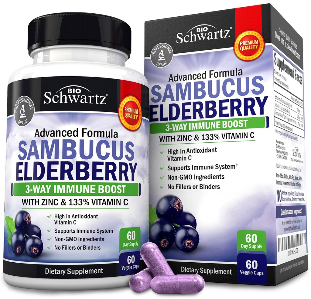 Yetişkinler için çinko ve Vitamin C ile Yaşlı Kapsüller - Kadınlar ve Erkekler için Immune Destek Vitaminleri - Siyah Sambucus Elderberry C ve çinko - Immune Defense Multiminerals Supplement, 60 Count