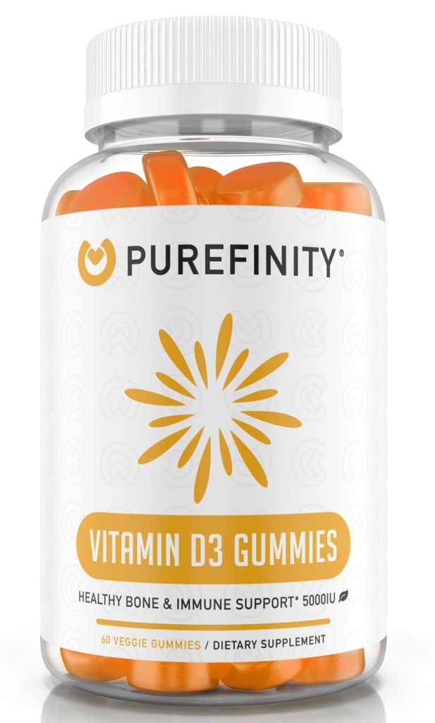 PUREFIN Vitamin D3 5000 iu Gummies - Your Daily Vitamin D Supplement for Bone Health, Immune Health, and Joint Muscle Support for Yetişkinler & Kids – Gluten Free, Non-GMO – 60 Veggie Gummies