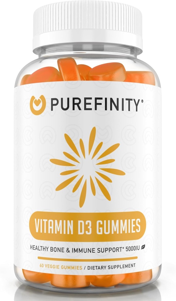 PUREFIN Vitamin D3 5000 iu Gummies - Your Daily Vitamin D Supplement for Bone Health, Immune Health, and Joint Muscle Support for Yetişkinler & Kids – Gluten Free, Non-GMO – 60 Veggie Gummies