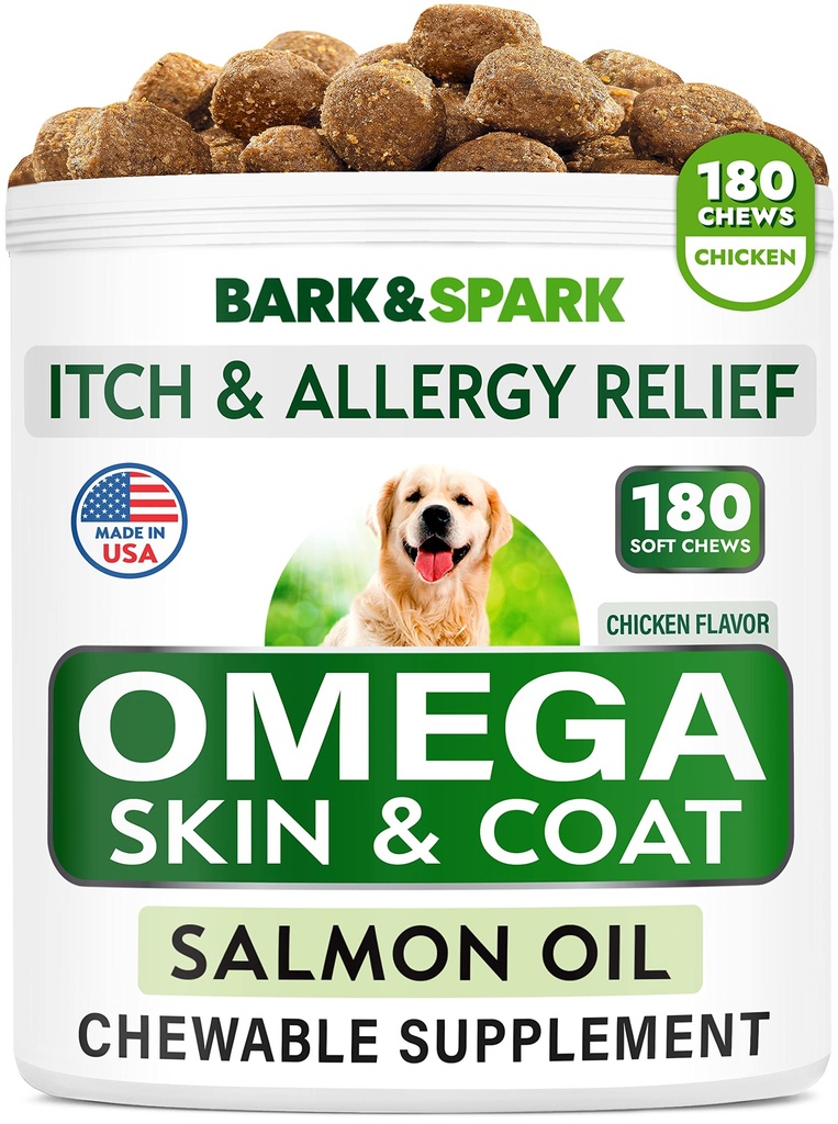 BARK&SPARK Omega 3 για σκύλους - 180 ιχθυέλαια Θεραπείες για σκυλοβόμβα, Αλλεργία του δέρματος μάσημα, Itch Relief, Hot Spots Θεραπεία - Κοινή Υγεία - Skin and Coat Supplement - EPA & DHA λιπαρά οξέα - λάδι σολομού