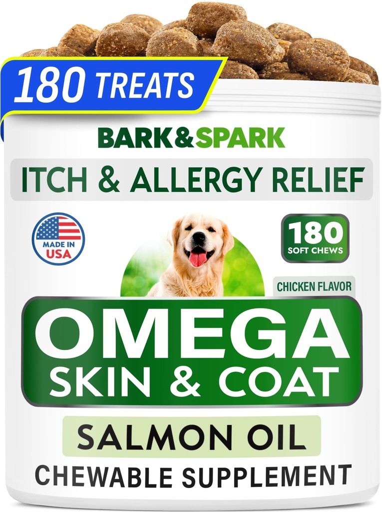 BARK&SPARK Omega 3 Köpekler için - 180 Balık Yağı Köpek Shedding, Skin Alerji Chews, Itch Relief, Hot Spots Tedavisi - Ortak Sağlık - Cilt ve Ön Tamam - EPA & DHA Fatty Asits - Salmon Oil