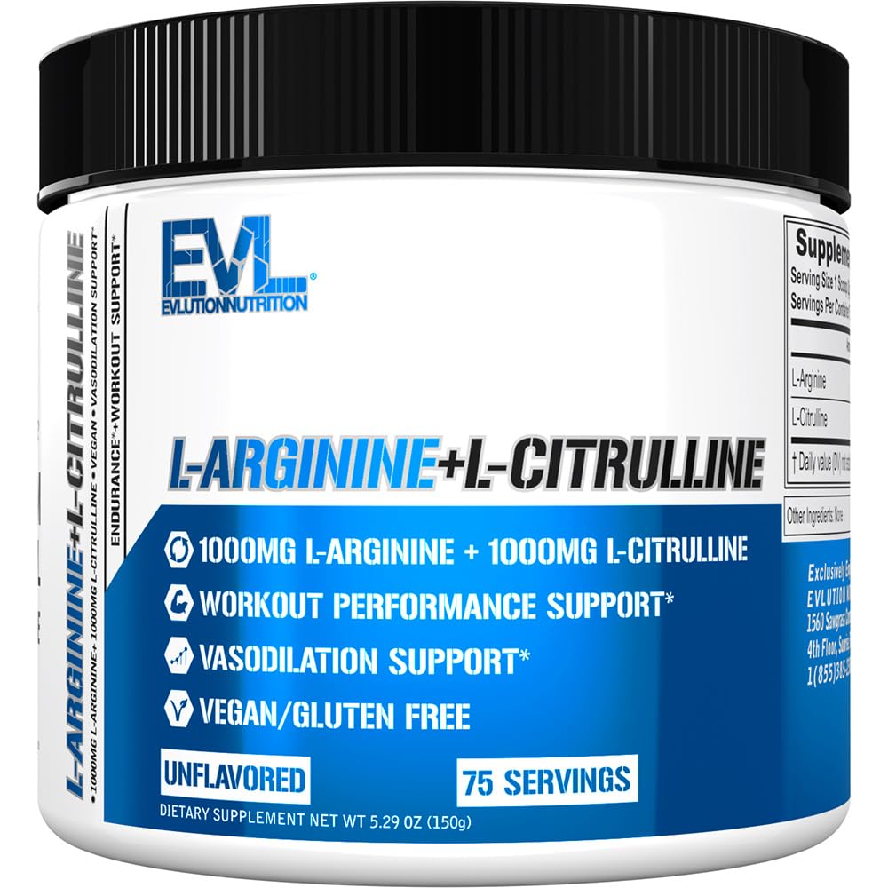 Evlution Beslenme L-Arginine + L-Citrulline - Endurance + Workout Performansı - 2000 mg Kompleks - Vasodilasyon + Nitrik Çimento Desteği - Vegan + Gluten Ücretsiz Toz - 75 Hizmet