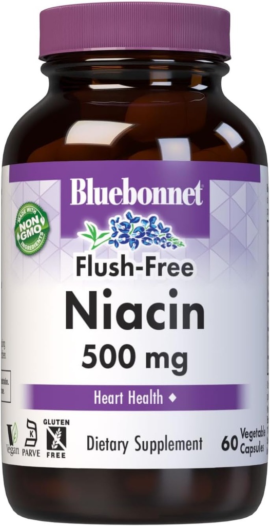 Bluebonnet Beslenme Flush-Free Niacin 500mg, Beslenme Kardiovasküler Destek*, Soy-Free, Gluten-Free, Non-GMO, Kosher sertifikalı, Süt-Free, Vegan, 60 Sebze Capsules, 60 Hizmet