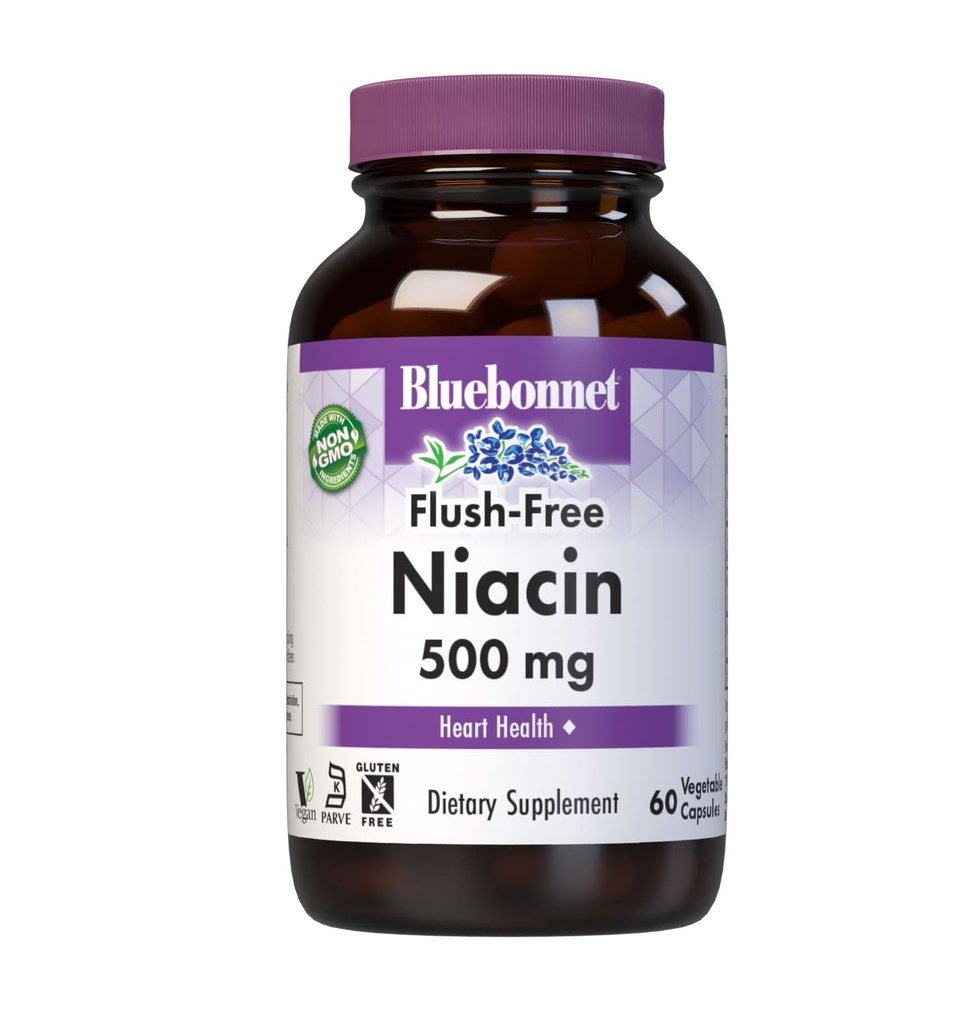 Bluebonnet Beslenme Flush-Free Niacin 500mg, Beslenme Kardiovasküler Destek*, Soy-Free, Gluten-Free, Non-GMO, Kosher sertifikalı, Süt-Free, Vegan, 60 Sebze Capsules, 60 Hizmet