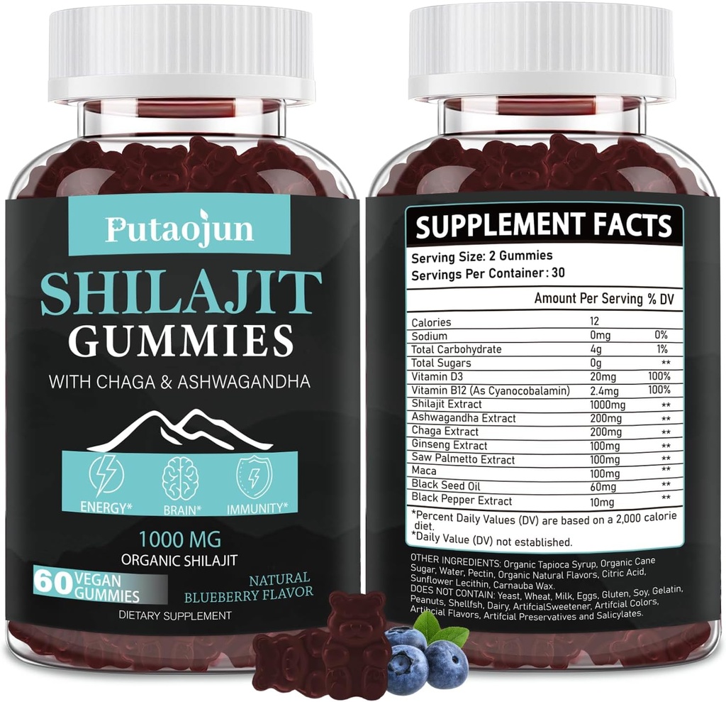 Man,Woman & Kid.Himalayan Gold Shilajit Gummies.1000 mg Shilajit,200 mg Ashwagandha,200 mg Chaga,100 mg BTC,100 mg Palmatto,60mg Black Seed Oil Oil