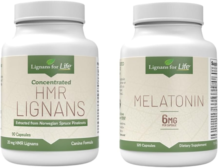 Lignans for Life Care Set Bundle - Φυσική πολυβιταμίνη HMR Lignans for Dogs 20mg, 90 κάψουλες και μελατονίνη για Medium Breed Dogs 6mg, 120 κάψουλες, Βιταμίνες για τη συνολική υγεία