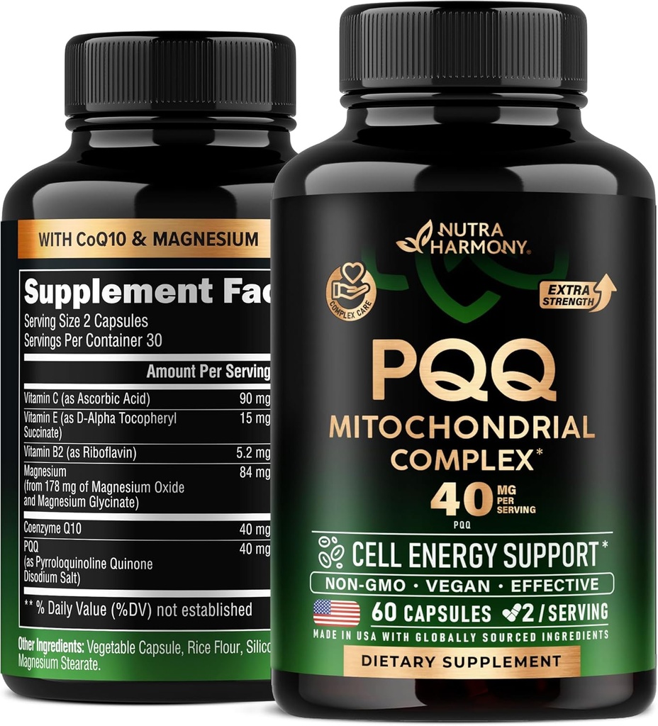 PQQ 40 mg - PQQ με CoQ10 συμπλήρωμα - Mitochondria Biogenesis & Cellular Energy Production - με Μαγνήσιο, Βιταμίνες C, E & B2 - Pure & Highly Bioδιαθέσιμο 