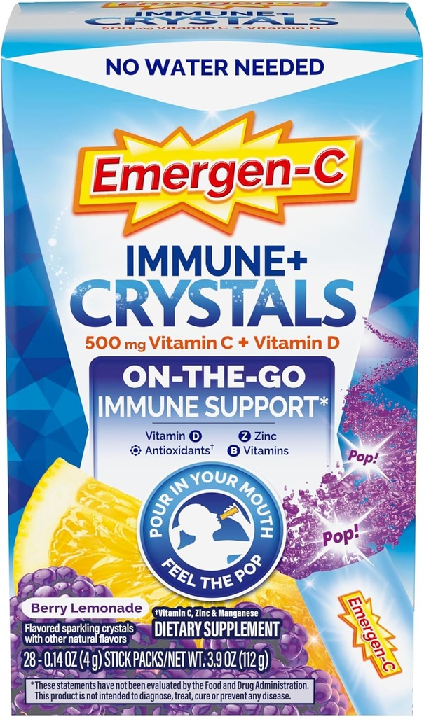 Emergen-C Immune Plus Crystals, On-Go Immune Support Supplement with Vitamin C, Vitamin D, B Vitaminleri, çinko ve Manganese, Berry Lemonade, Back to School Essentials - 28 Stick Packs
