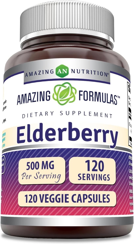 Amazing Formulas Elderberry Supplement | 500 Mg Per | 120 Veggie Capsules | 10:1 Inter | Non-GMO | Gluten-Free | Made in USA