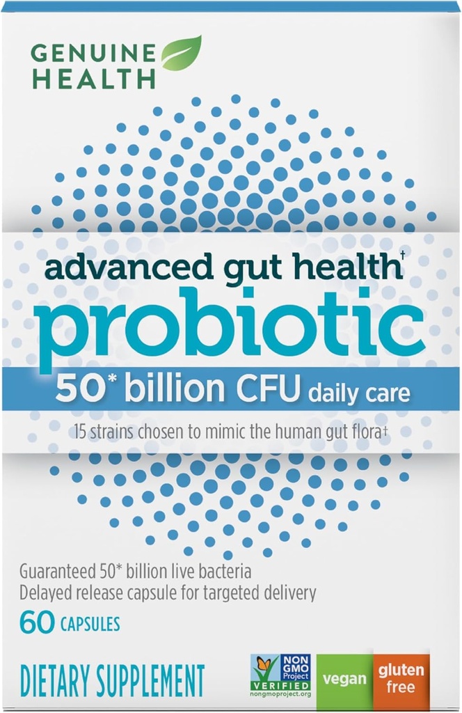 Genuine Health Probiotics, 50 Billion CFU, Daily Care, 15 Diverse Strains, Soy Free, Gluten Free, Vegan Delayed-Release Capsules for Advanced Gut Health (60 Count)