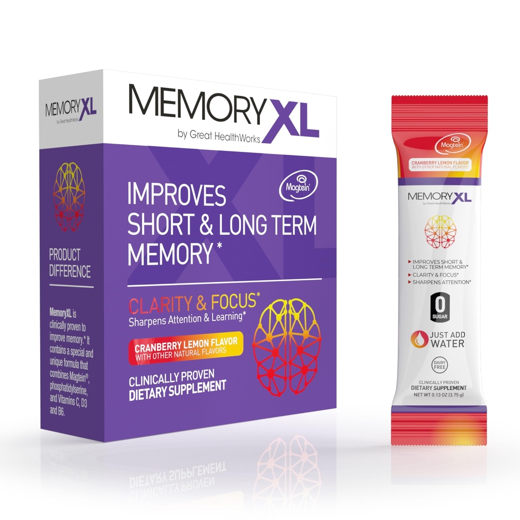 MemoryXL, Μαγνήσιο L-Θρεονικό: Συμπλήρωμα εγκεφάλου για Μνήμη & Εστίαση; Magtein®, Phosphatidylserine, Βιταμίνη Mix. Βελτιώνει τη μνήμη Εστίαση Προσοχή Μάθηση & Λογική. 0 Ζάχαρη, 0 Cal, 30pk Cranberry Lemon