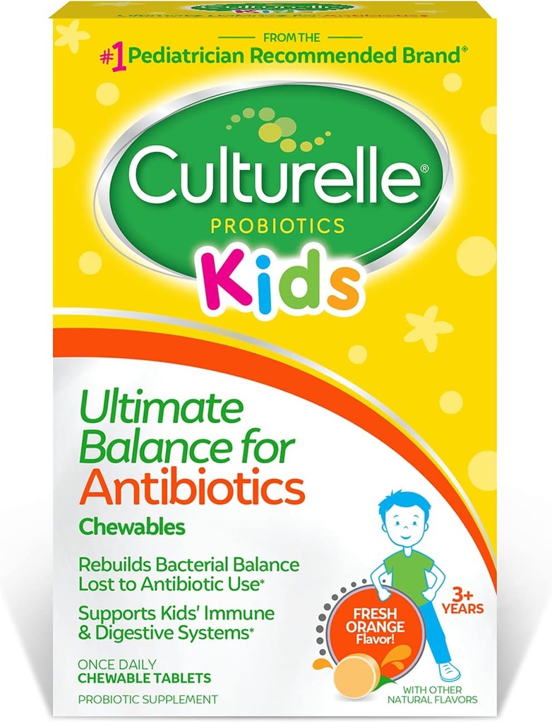 Culturelle Probiotics Ultimate Balance Probiotic for Antibiotics Ηλικίες 3+,20 Count,Orange,Probiotic for Kids Βοηθά στην αποκατάσταση των καλών βακτηριδίων που χάνονται κατά τη διάρκεια της αντιβιοτικής χρήσης & υποστηρίζει ένα υγιές ανοσοποιητικό σύστημα
