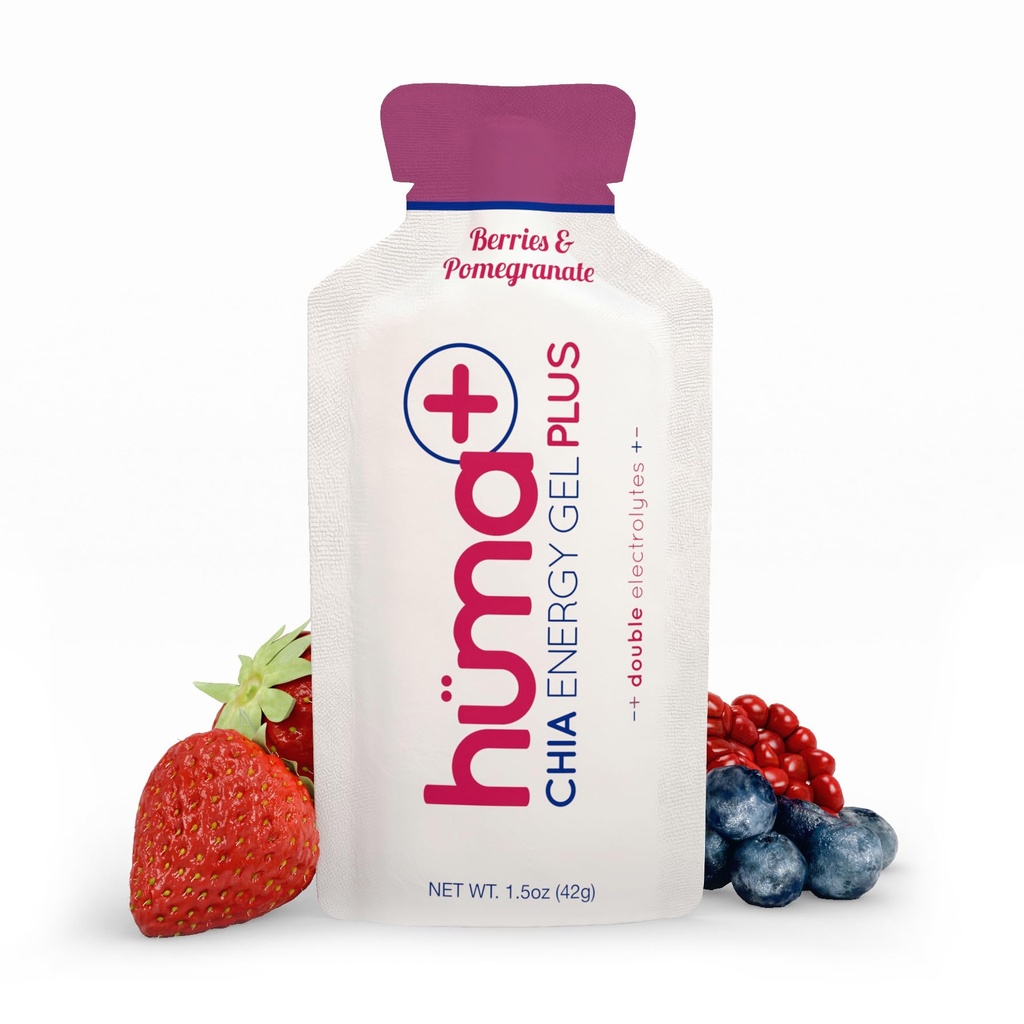 Huma Plus (Çift Elektrolytes) - Chia Energy Gel, Cave & Pomegranate, 12 Gels - Stomach Friendly, Real Food Energy Gels)