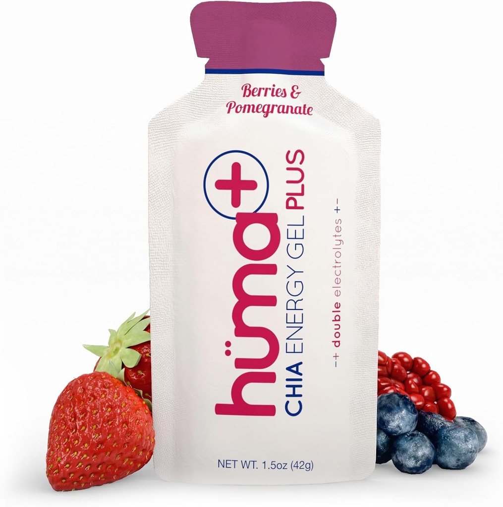 Huma Plus (διπλοί ηλεκτρολύτες) - Chia Energy Gel, μούρα & Ρόδι, 12 Gels - Στομάχι φιλικό, Real Food Energy Gels