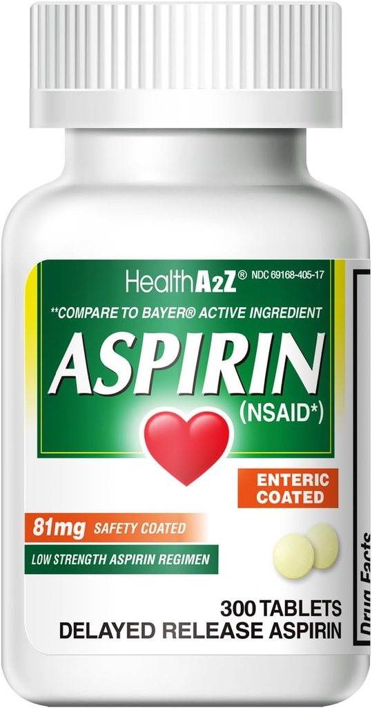 HealthA2Z® Aspirin 81 mg | Low Strength | Enteric Coated | Pain Relief | Reduces Minor Aches Muscle Pain & Cramps | Fever Reducer | Reduces Headache (300 Counts)