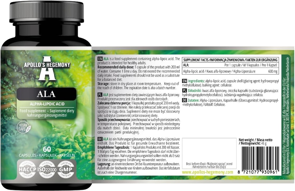 APOLLO'S HEGEMONY ALA (Alpha Lipoic Acid) 600 mg - 60 Vegan Capsules - Optimizes Glucose Management - Supports Mitonochdrial Health - Two Moon Supply