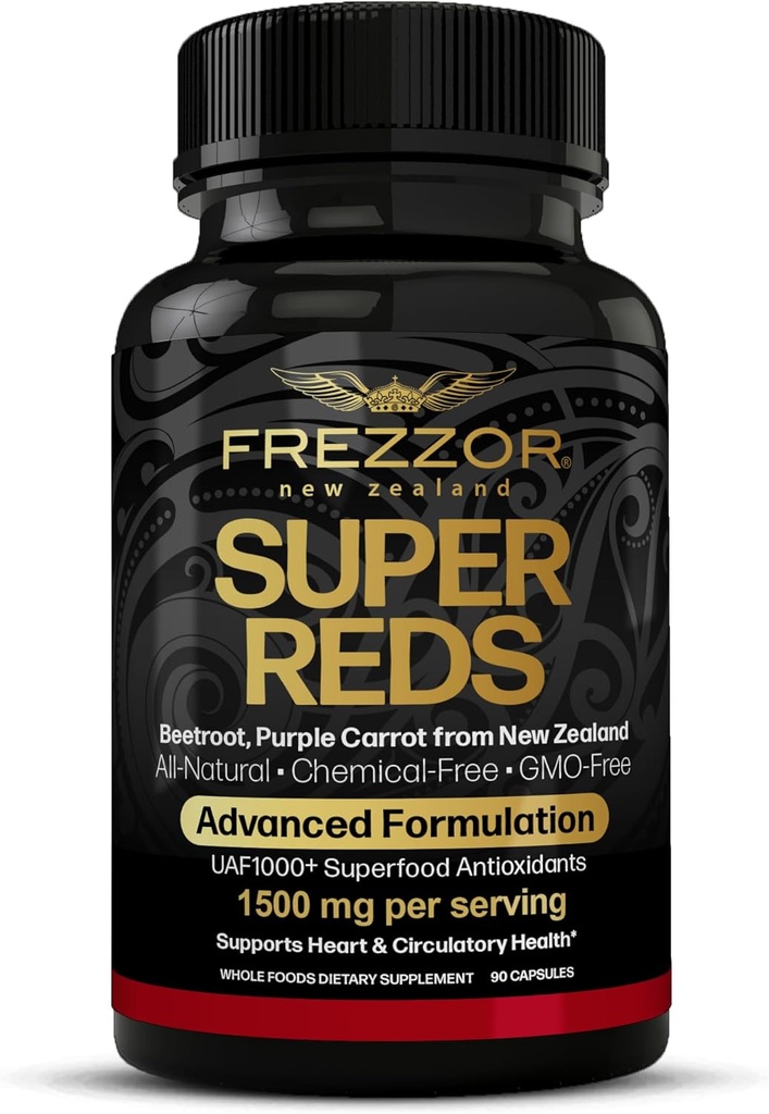 FREZZOR Super Reds Capsules with UAF1000+, All- Natural New Zealand Red Superfood Energy, Essential Red Fruits Veggies & Beets, Antioksis, Enzymes, Energy Supplements, 90 Capsules, 1 Şişe