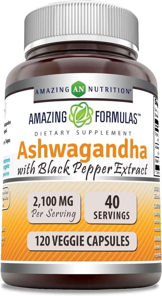 Amazing Formulas Ashwagandha Root with Black Pepper Extract Supplement | 2100 Mg Per | Veggie Capsules Supplement | Non-GMO | Gluten-Free | Made in USA (1 Pack, 120)