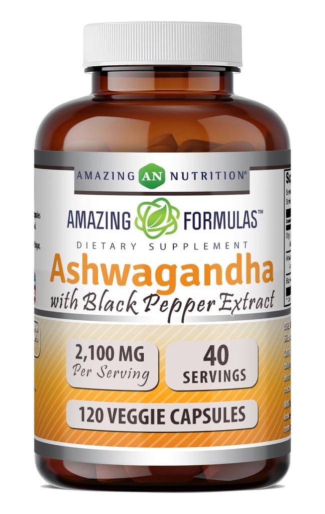 Amazing Formulas Ashwagandha Root with Black Pepper Extract Supplement | 2100 Mg Per | Veggie Capsules Supplement | Non-GMO | Gluten-Free | Made in USA (1 Pack, 120)