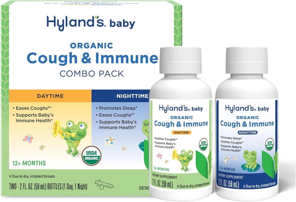 Η Baby Organic Cough Syrup του Hyland και το ανοσοποιητικό πακέτο υποστήριξης ημέρας και νύχτας Combo, διευκολύνει τους βήχας, υποστηρίζει την ασυλία, προωθεί τον ύπνο, δύο 2 Fl Oz. Φιάλες (4 fl oz)