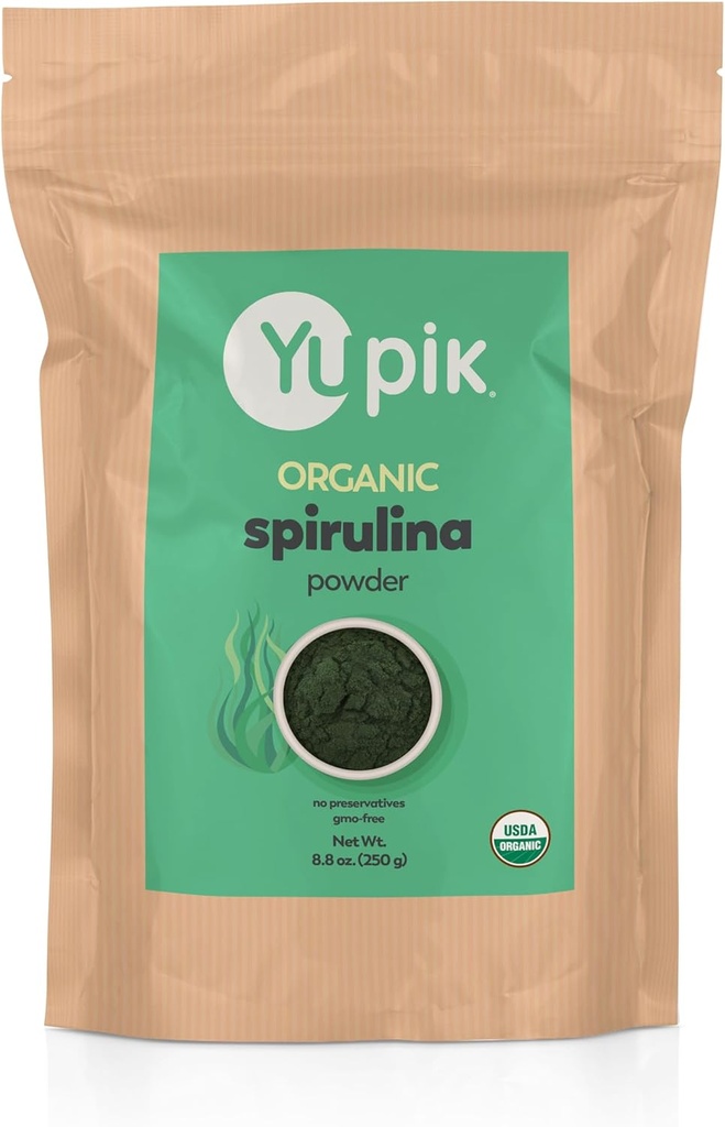 Yupik Organic Spirulina Powder 8,8 oz, USDA Certified, Non-GMO, Kosher, Gluten-free, Vegan, High in Protein, Iron & Antioxidants, Superfood for Smoothies, Shakes & Bakeing