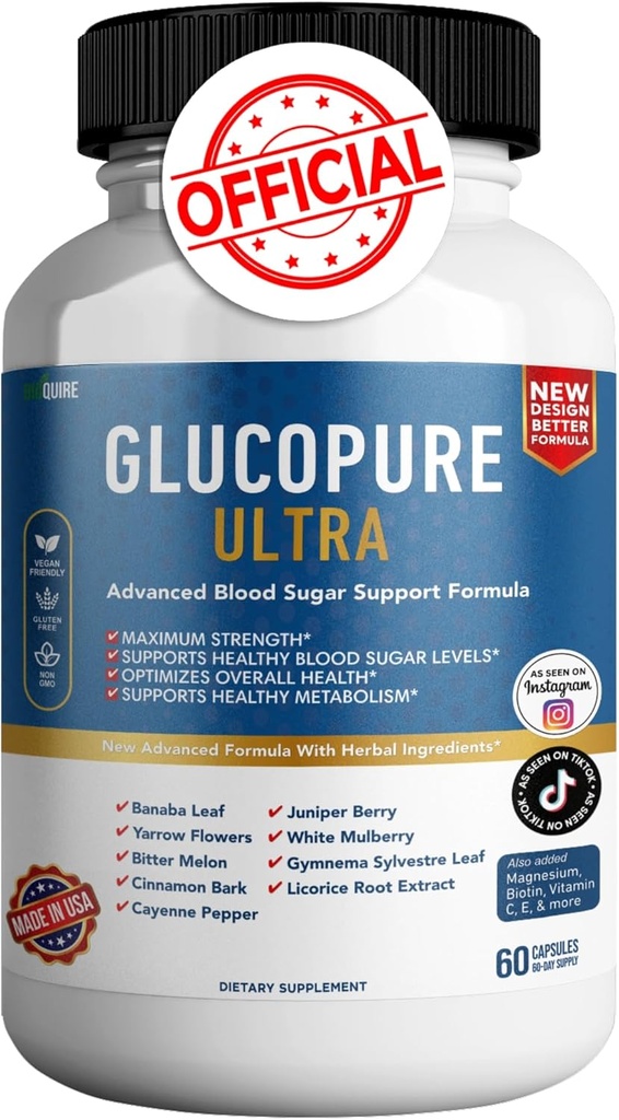 Gluco Pure Ultra Diyetary Supplement, 60 Capsules, maksimum Güçlü, Sağlıklı Kan Şeker Seviyelerini Destekler, Genel Sağlık (1)