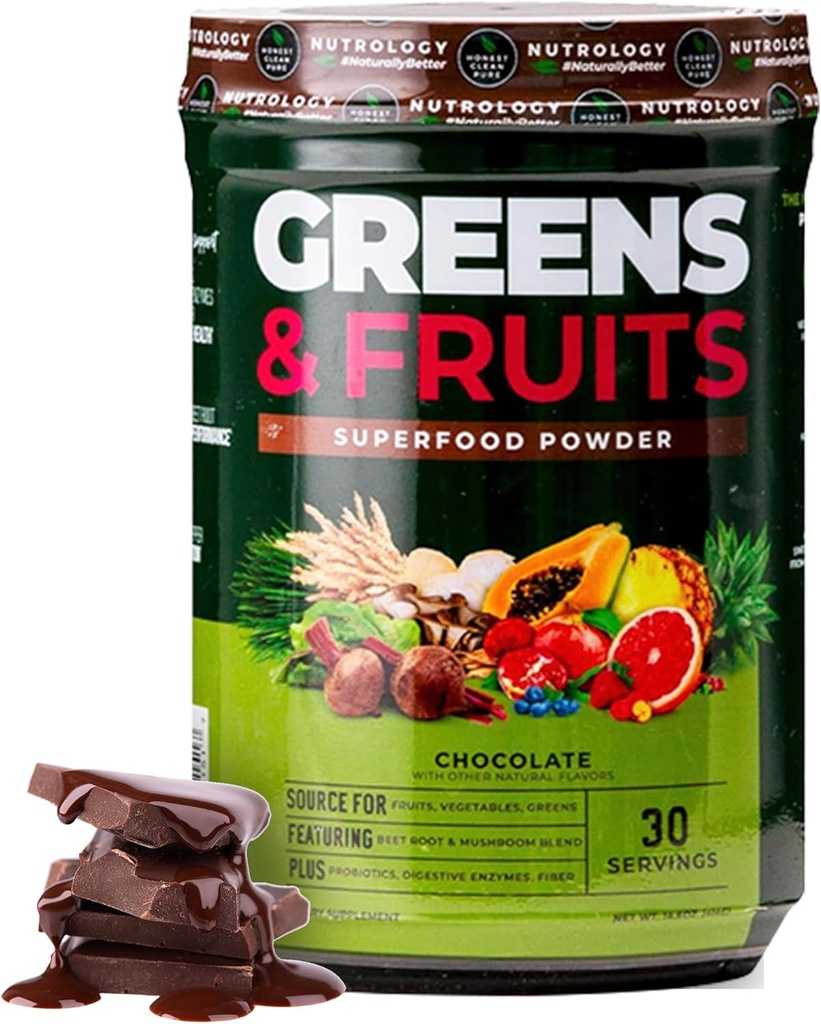 Nutrology Greens & Fruits Toz-Doly Sourced Meyveler, Sebzeler, Arıt Toz & Mushroom Mix, Probiyotikler, Digestive Enzymes, Fiber, Antioksis, Immune Support, Gluten Free - Chocolate