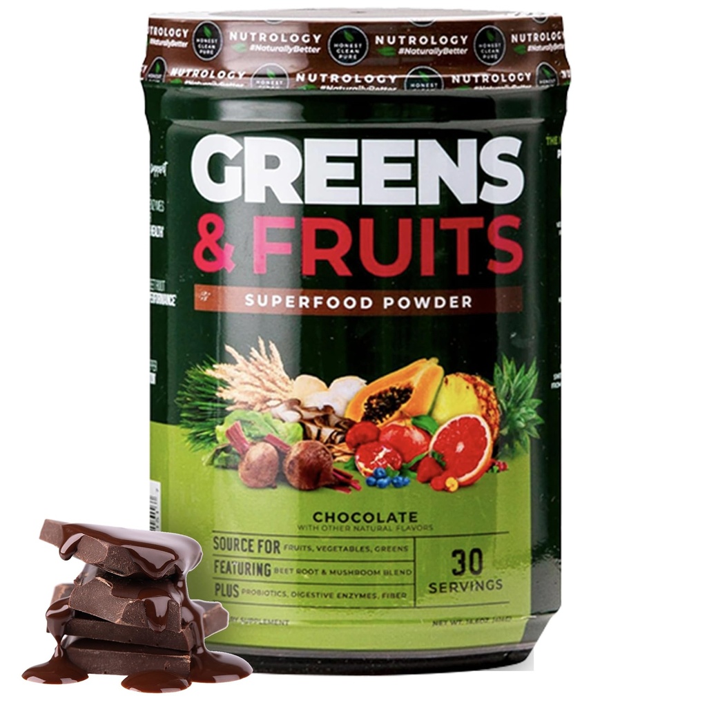 Nutrology Greens & Fruits Toz-Doly Sourced Meyveler, Sebzeler, Arıt Toz & Mushroom Mix, Probiyotikler, Digestive Enzymes, Fiber, Antioksis, Immune Support, Gluten Free - Chocolate