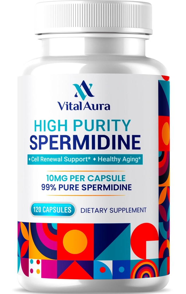 Vital Aura Spermidine Supplement - 10 mg x 120 Capsules | 4 Ay Sağlıklı Ağlama, Beyin ve Hücre Sağlığı - Buğday Germ'den Daha Fazla Potent
