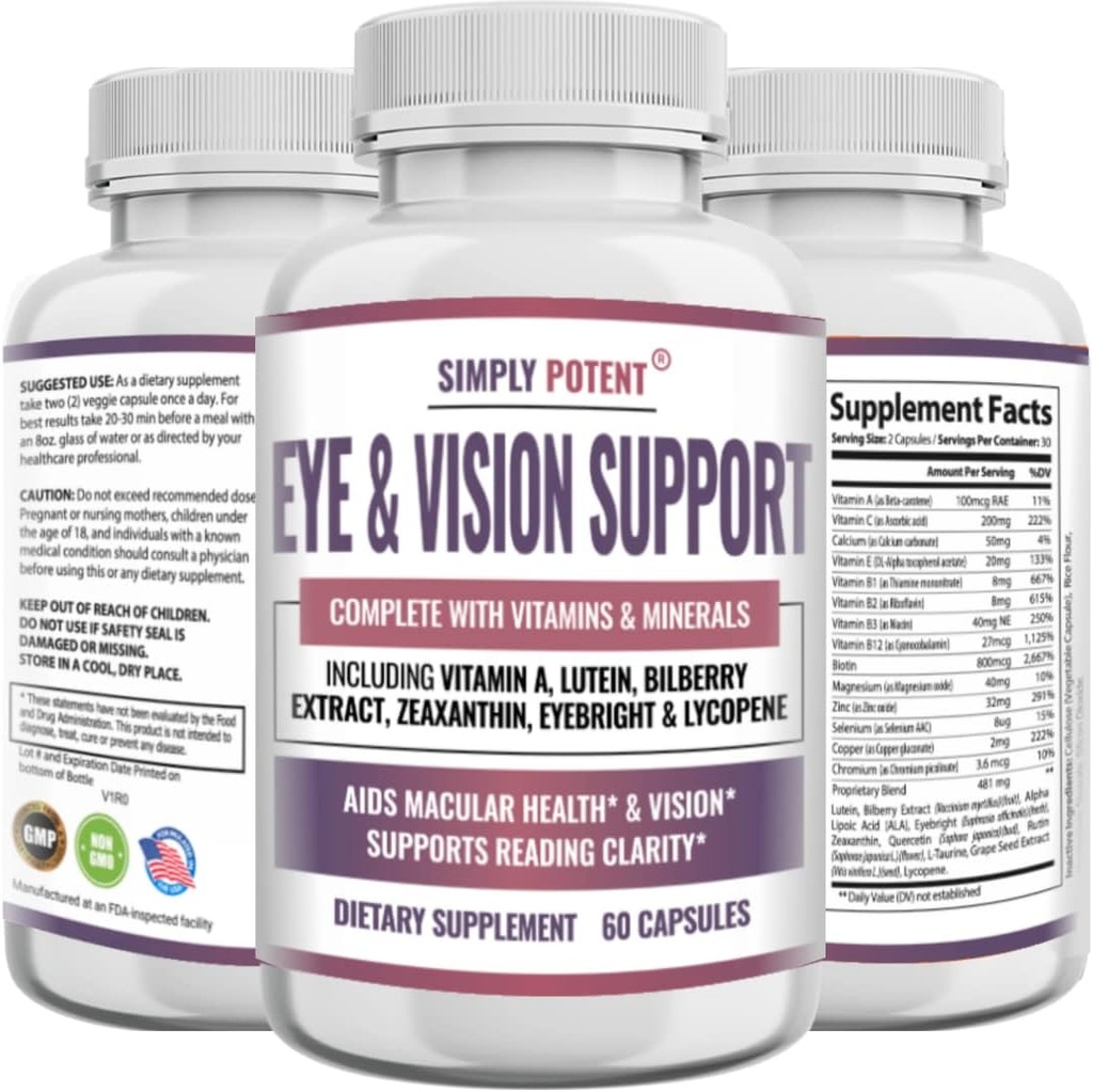 Lutein & Zeaxanthin Eye Health Supplements for Yetişkinler, Natural Eye & Vision Formula w/Vitamin A, Lutein, Zeaxanthin, Bilberry Extract, Eyebright & Lycopene for Retina & 60 Caps