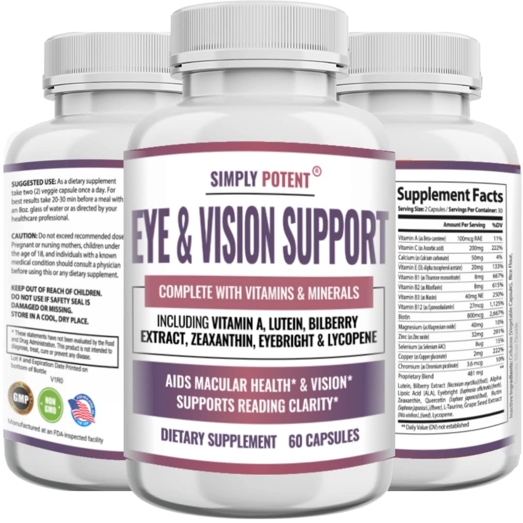 Lutein & Zeaxanthin Eye Health Supplements for Yetişkinler, Natural Eye & Vision Formula w/Vitamin A, Lutein, Zeaxanthin, Bilberry Extract, Eyebright & Lycopene for Retina & 60 Caps