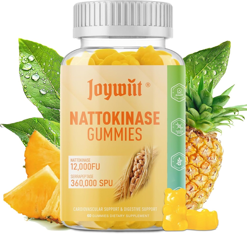 Nattokinase Gummies 12 FU, Serrapeptase Gummies 36.000 SPU Enzyme Supplement with Bromelain Papain & Inulin for Circulatory, Gut, Digestion Support, Vegan, GMO, 60 Counts