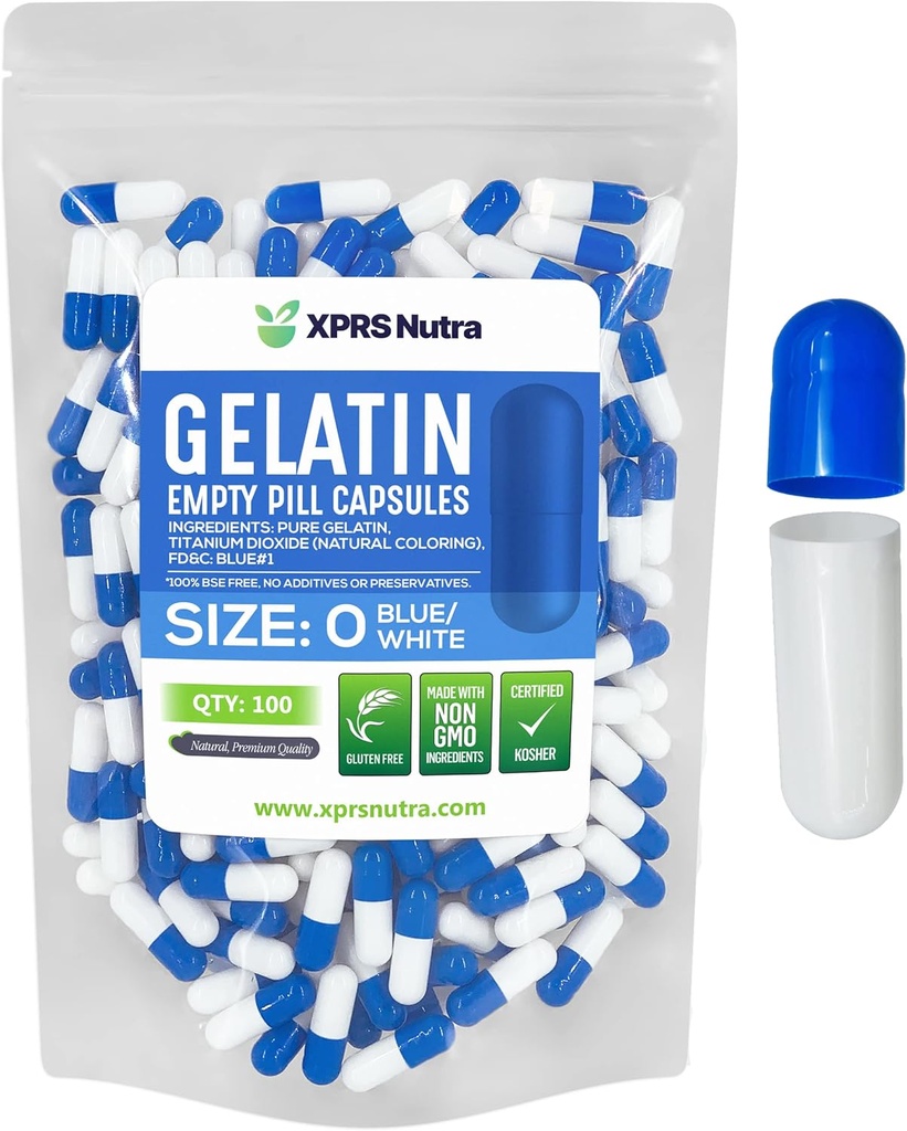 XPRS Nutra Μέγεθος 0 Κενές κάψουλες - 100 Count Empty Gelatin Κάψουλες - Χάπια DIY Καψάκιο Γέμισμα - Καθαρά καπάκια τζελ Μπόβιν Χάπι για το Do-It-Yourself Συμπληρώματα (Blue/White)