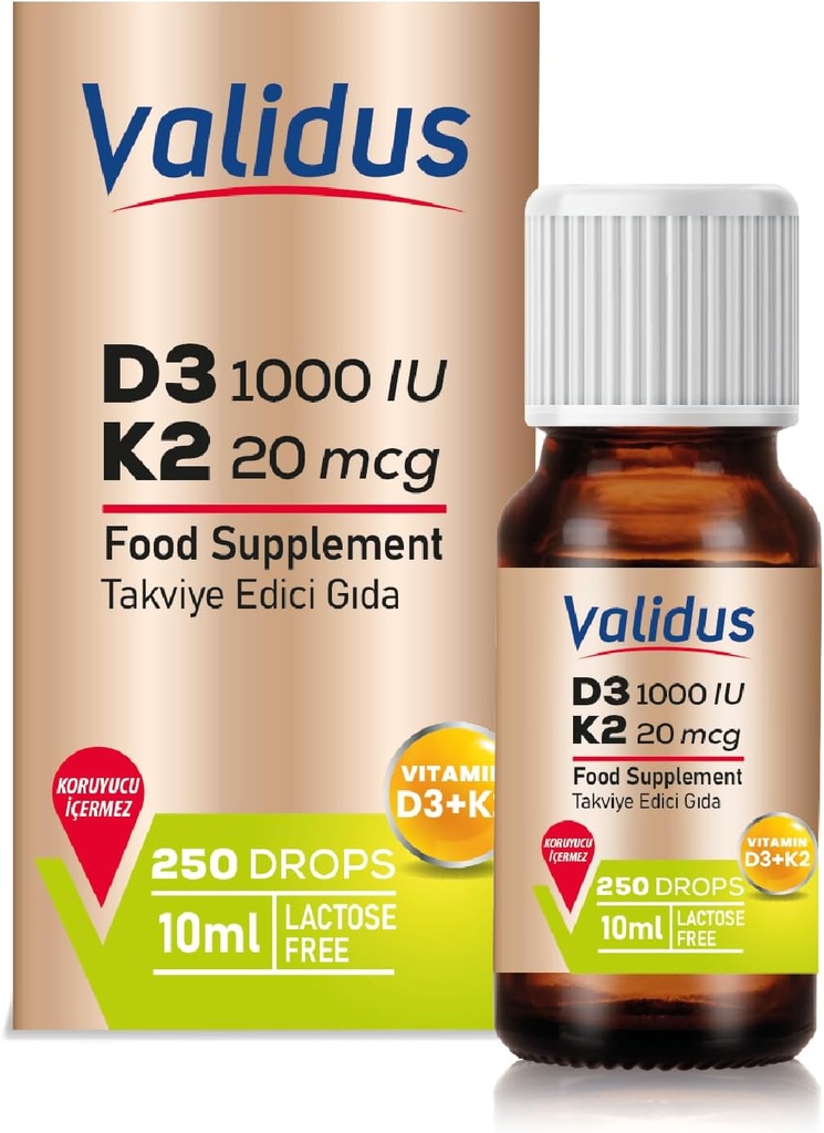 VALIDUS Βιταμίνη D3K2 Σταγόνες – Υψηλής ισχύος Βιταμίνη D3 + K2 MK-7, 250 Υγρές σταγόνες, Ενισχυμένη απορρόφηση για την υγεία των οστών και της καρδιάς, Υποστηρίζει την Ανοσοποιητική λειτουργία, Μη ΓΤΟ, Χωρίς γλουτένη, Εύκολο στη χρήση, 10 ml