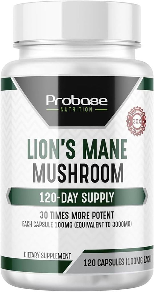 Probase Beslenme Lions Mane Supplement Capsules 30x Potency Extract Mushroom Supplement 4 Ay Supply 120 Count
