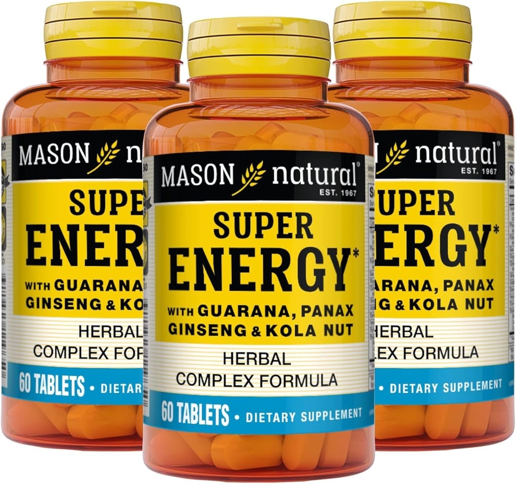MASON NATURAL Super Energy, Made with Guarana, Panax Ginseng & Kola Nut for Optimal Performans & Enerji, 90 Day Supply, 60 Tabletler (Pazar 3)