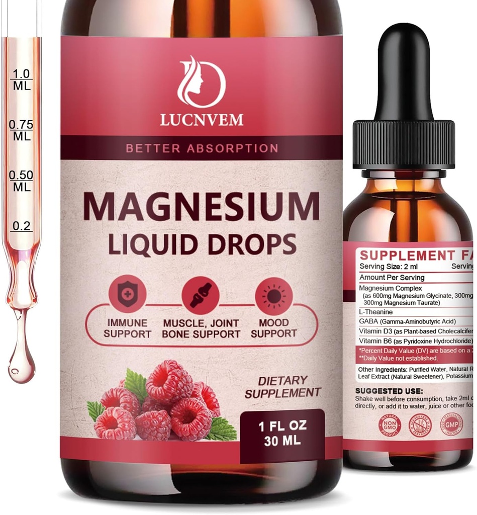 % 90 Apsiyon Magnezyum Glycinate Liquid Drops with Citrate and Taurate, Magnezyum Kompleksi GABA, L-theanine, D3 and B6 for Calm, Sleep, Relaxation - Raspberry Flavor 1 Fl Oz (Pack of 2)