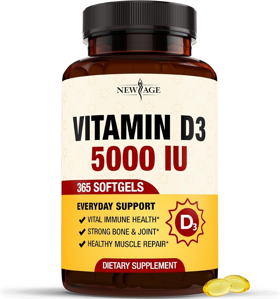 YENİ AGE Vitamin D3 5000 IU 125mcg Softgels - Destek Immune Support, Güçlü Bone Health - Non-GMO, Gluten-Free, Dairy-Free,1 Year Supply (360 Softgels)