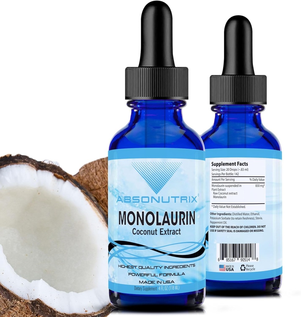 Absonutrix Monolaurin Sıvısı - 4oz Sıvı, 830 mg 142 ABD'de, Quick Abors, Quality Potents, Non-GMO, GMP Tesis, Cruelty-Free Ürünler