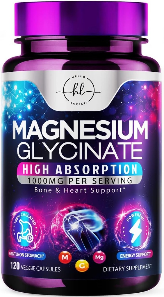 Magnezyum Glycinate 1000 mg - Yüksek Abvitamin ve Chelated to Support Bone, Muscle, Nerves & Heart Health - Natural Sleep & Stress Support Women & Men - Vegan, Gluten & Soy Free, Non-GMO - 120 Capsules