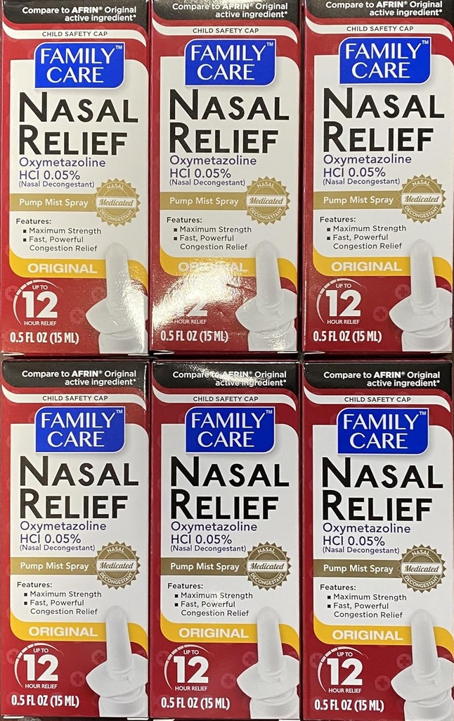 Assured Nasal Relief Spray, 12 Hour Pump Mist Oxymetazoline HCL, 0,5 fl. Oz (6 Pack)
