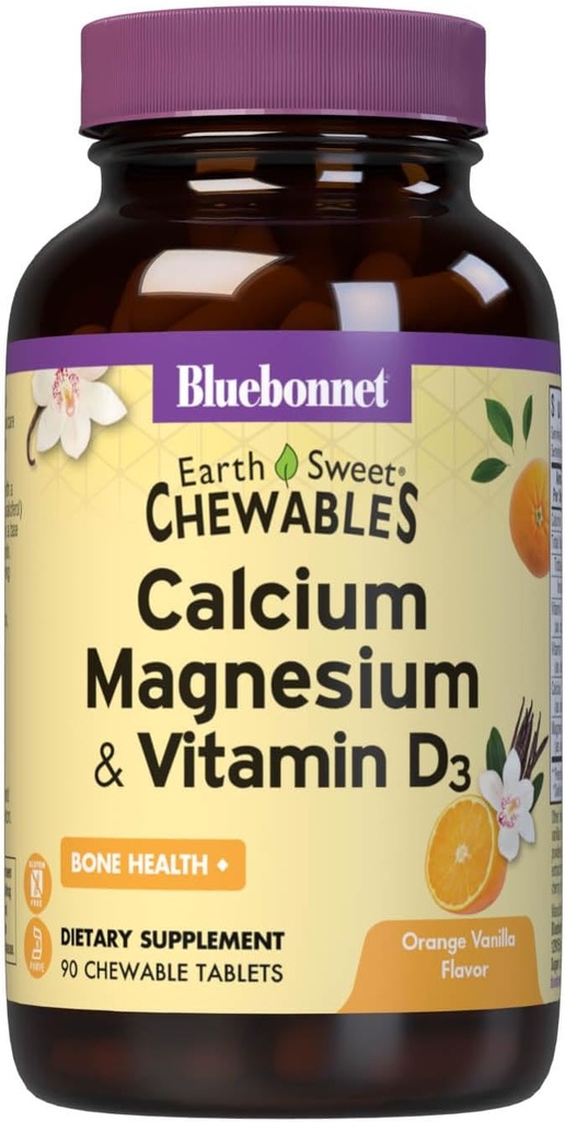 Bluebonnet Beslenme Magnezyum Plus Vitamin D3 Dünyasweet, Bone Health & Muscle Relaxation, Soy-Free, Gluten-Free, Kosher, Dairy-Free,90 Orange Vanilla Flavored Chewable Tabletler
