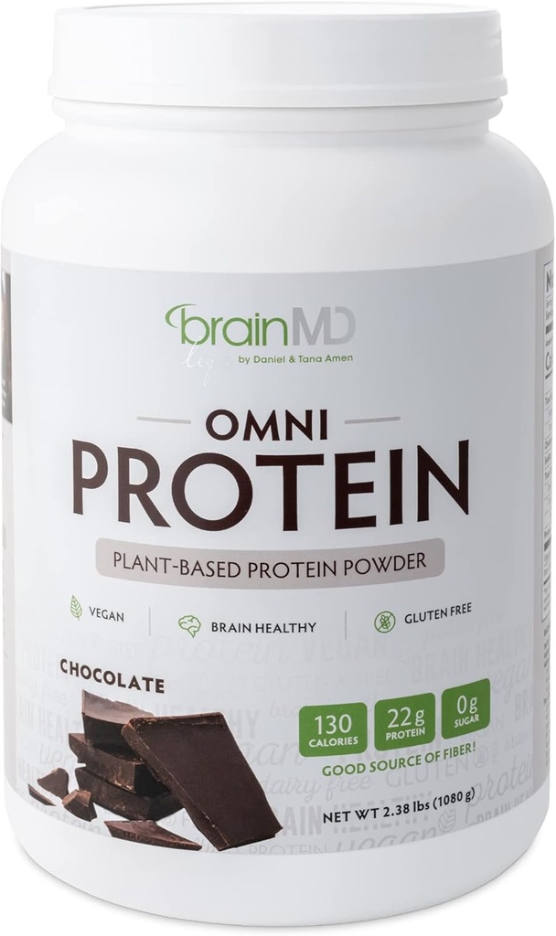 BRAINMD Dr Amen Omni Protein Çikolatası - 2.38 lbs - Plant-Based Protein Toz - Enerji ve Egzersiz Kurtarmayı Teşvik - Vegan, Vejetaryen, Sugar Free, Gluten Free - 30 Hizmet