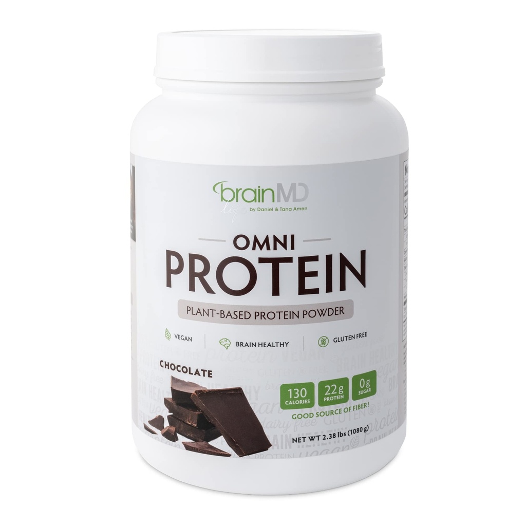 BRAINMD Dr Amen Omni Protein Chocolate - 2.38 λίβρες - Φυτική βάση Protein Powder - Προάγει την ανάκτηση ενέργειας & ασκήσεων - Vegan, χορτοφάγος, χωρίς ζάχαρη, χωρίς γλουτένη - 30 εξυπηρετήσεις