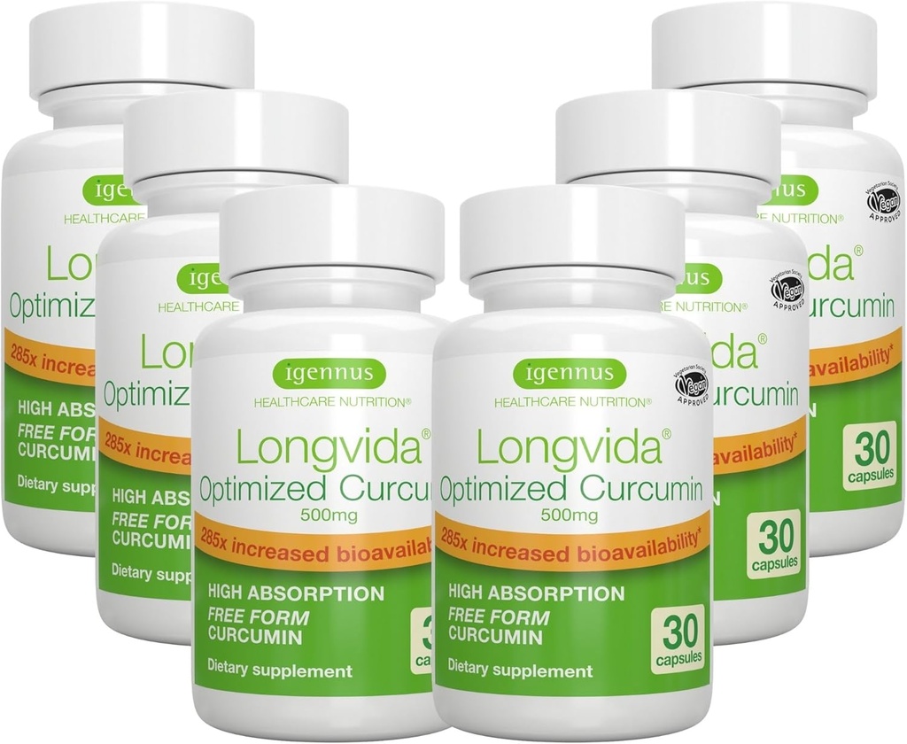 Igennus Longvida Λιπωμένη κουρκουμίνη 500mg, Ultra Bioδιαθέσιμη & Παρατεταμένη Δράση, 65x Υψηλότερα επίπεδα πλάσματος, Εντατική Υποστήριξη, Free-Form Κουρκουμίνη, Vegan, 180 κάψουλες